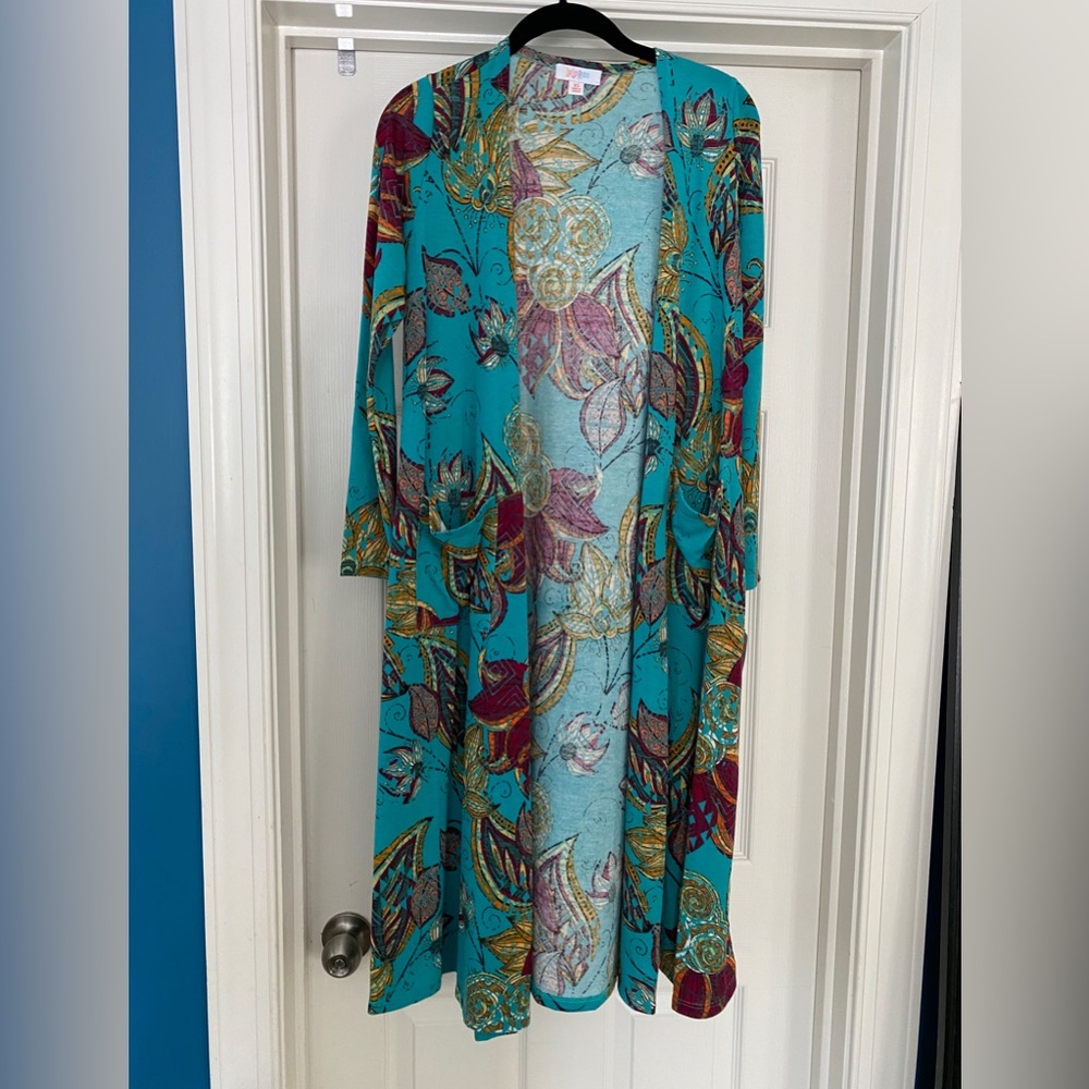 Lularoe Teal with Magenta Floral Design Sarah Cardigan Duster Sweater Size XS